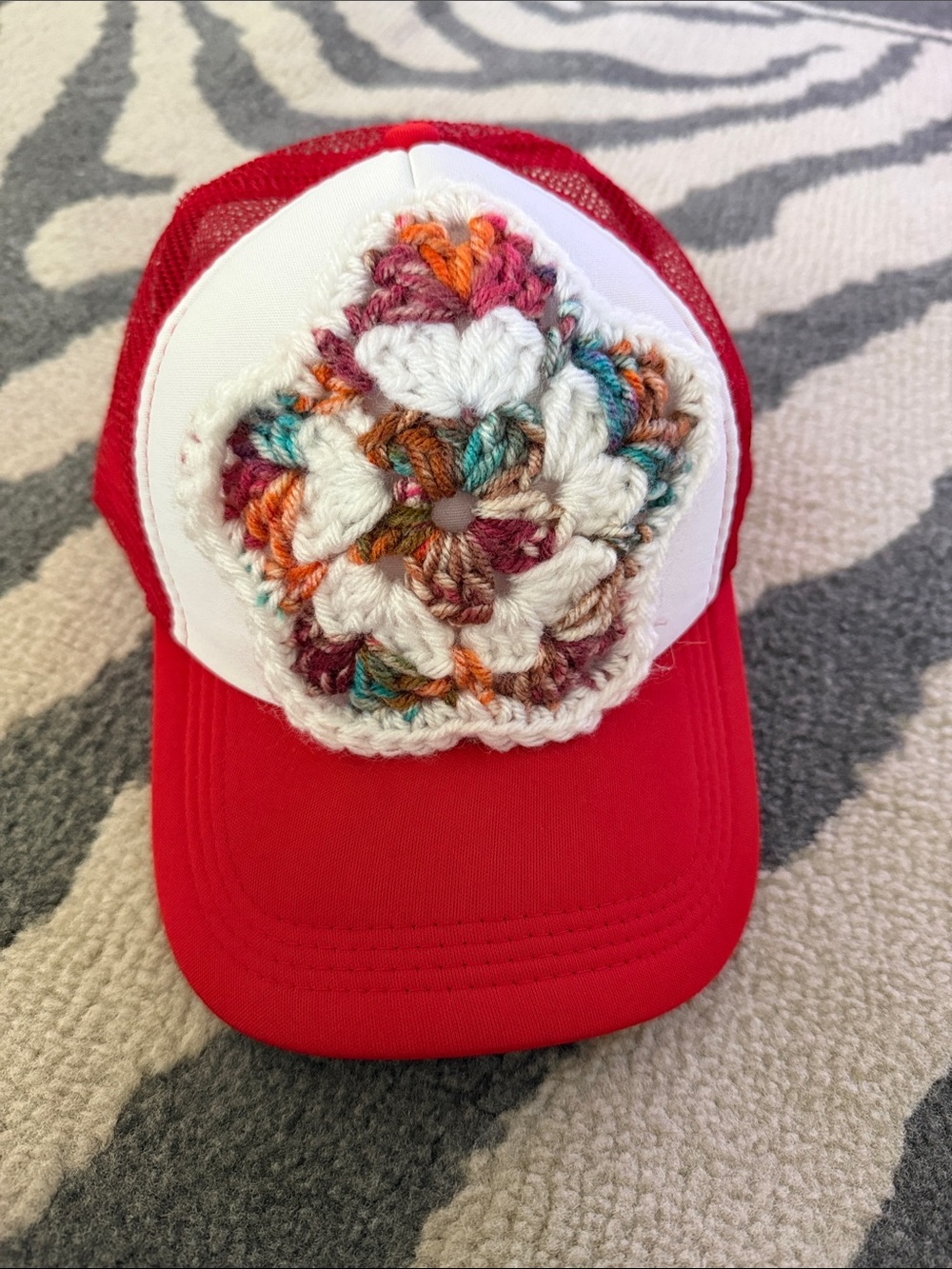Red Trucker Hat with Multicolor Crochet Flower Patch